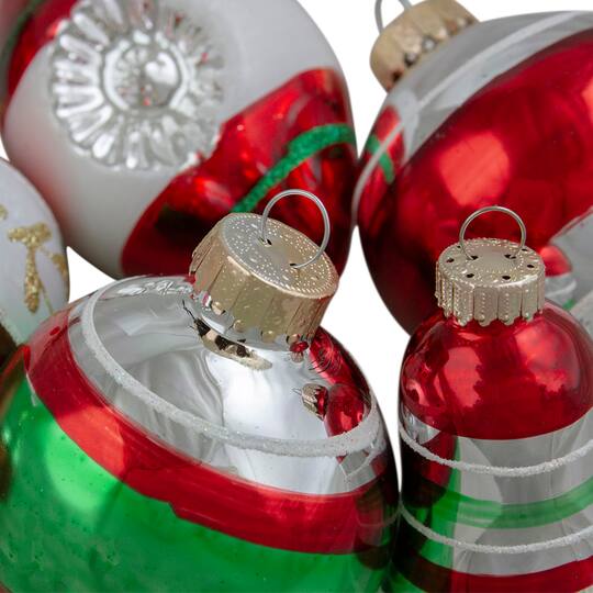 9ct. Silver, Green & Red Striped 2-Finish Glass Christmas Ornaments